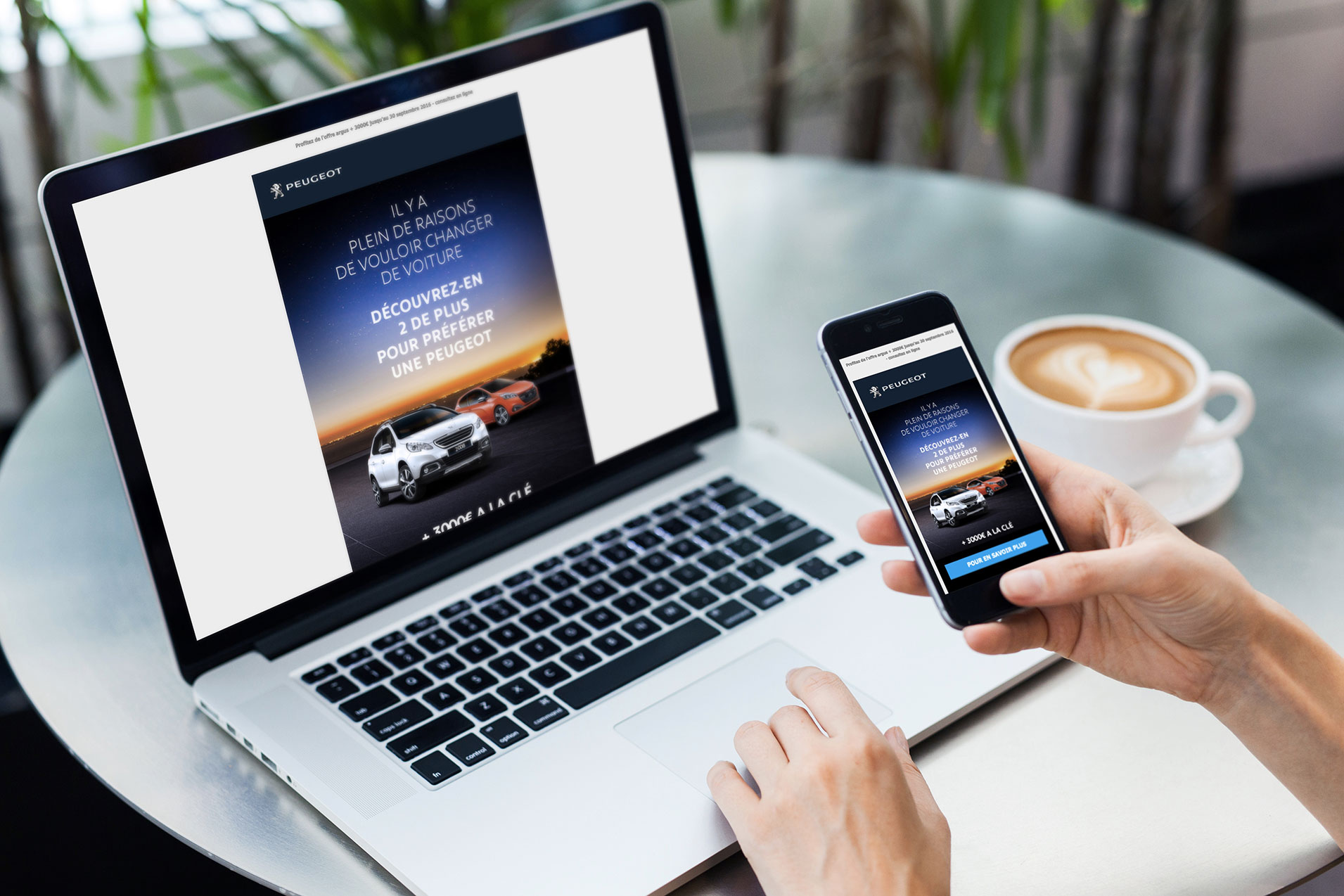 image showing a hand hanging a smartphone, with inside the Peugeot emailing campaign, and someone scrolling into it