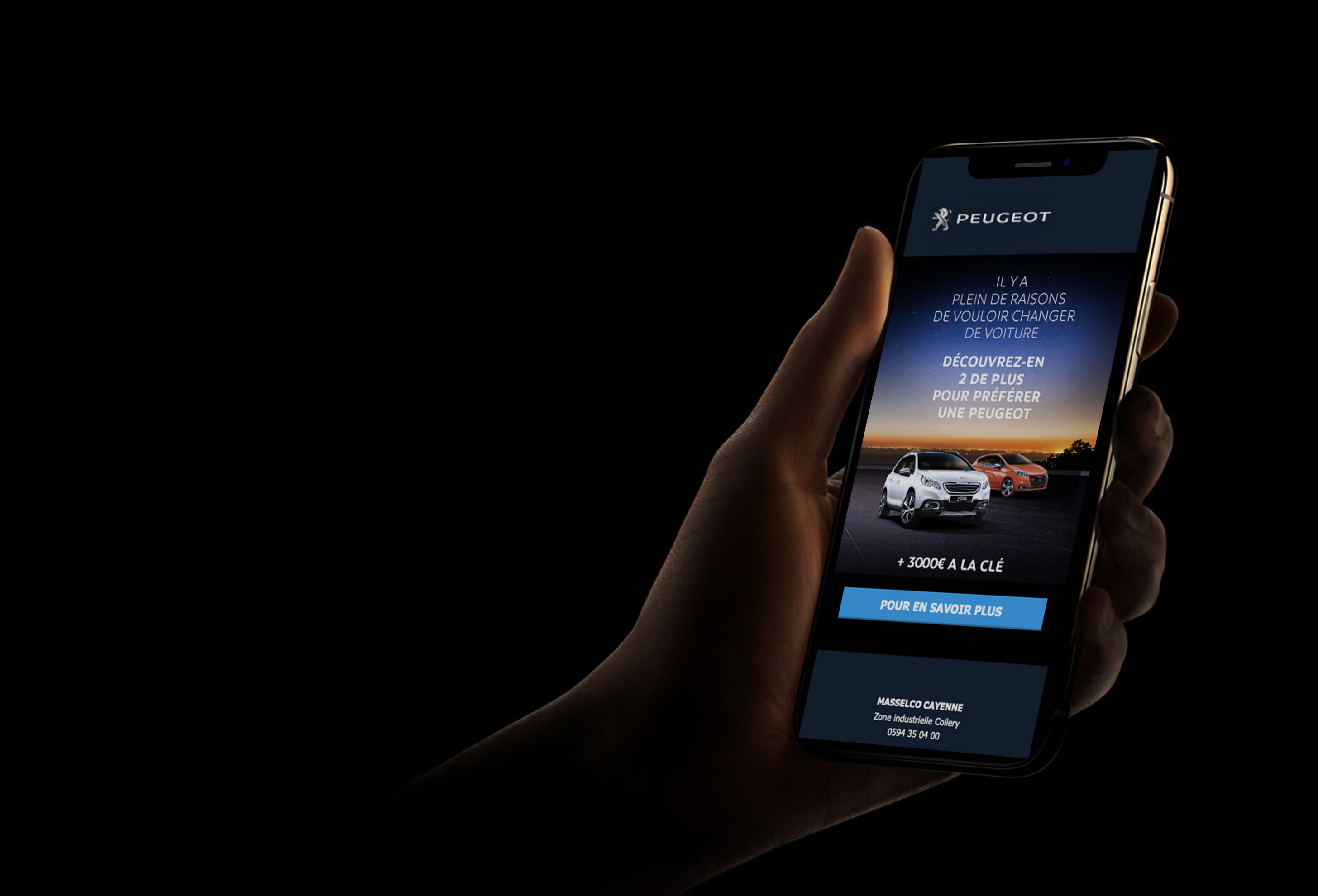 image of a hand hanging a phone and displaying the emailing campaign inside, in a dark renderer